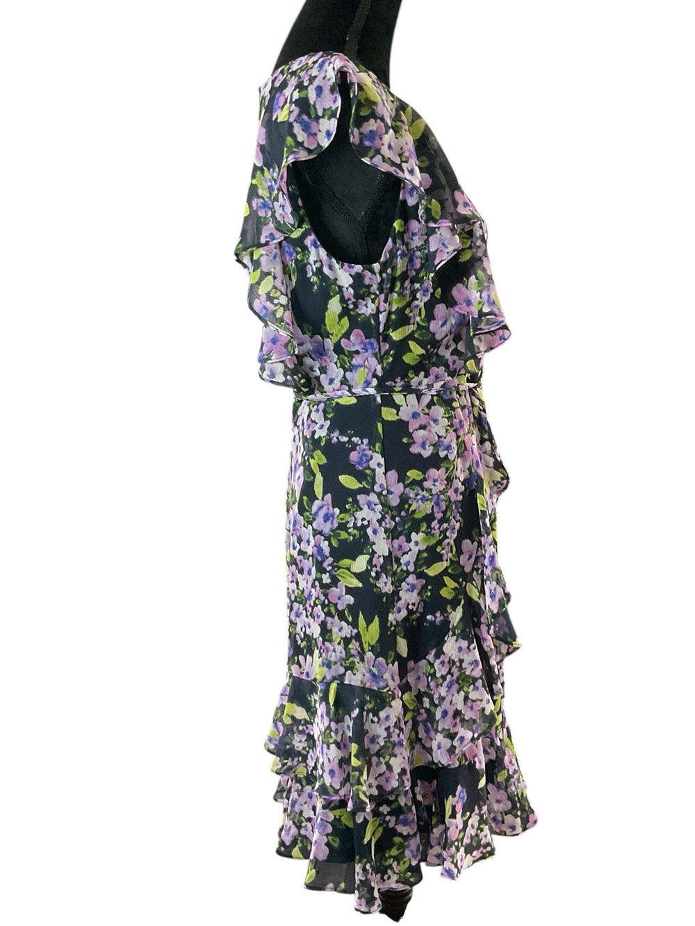 Tommy Hilfiger Blue Ruffle Chiffon Midi Dress with Purple Floral Print - Picture 3 of 9